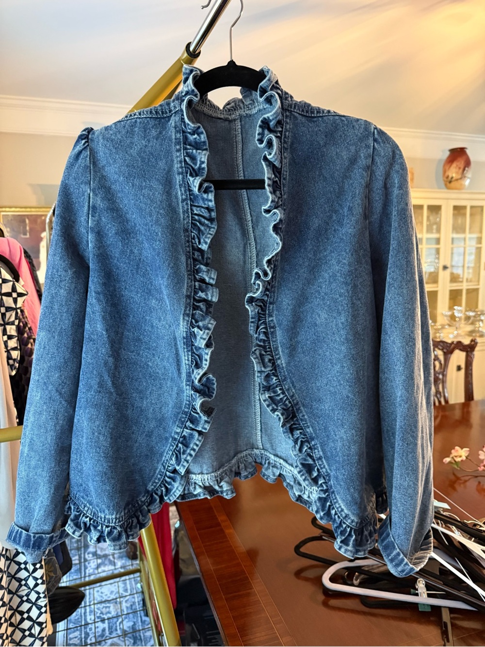 Ruffled Open-Front Denim Jacket - Blue